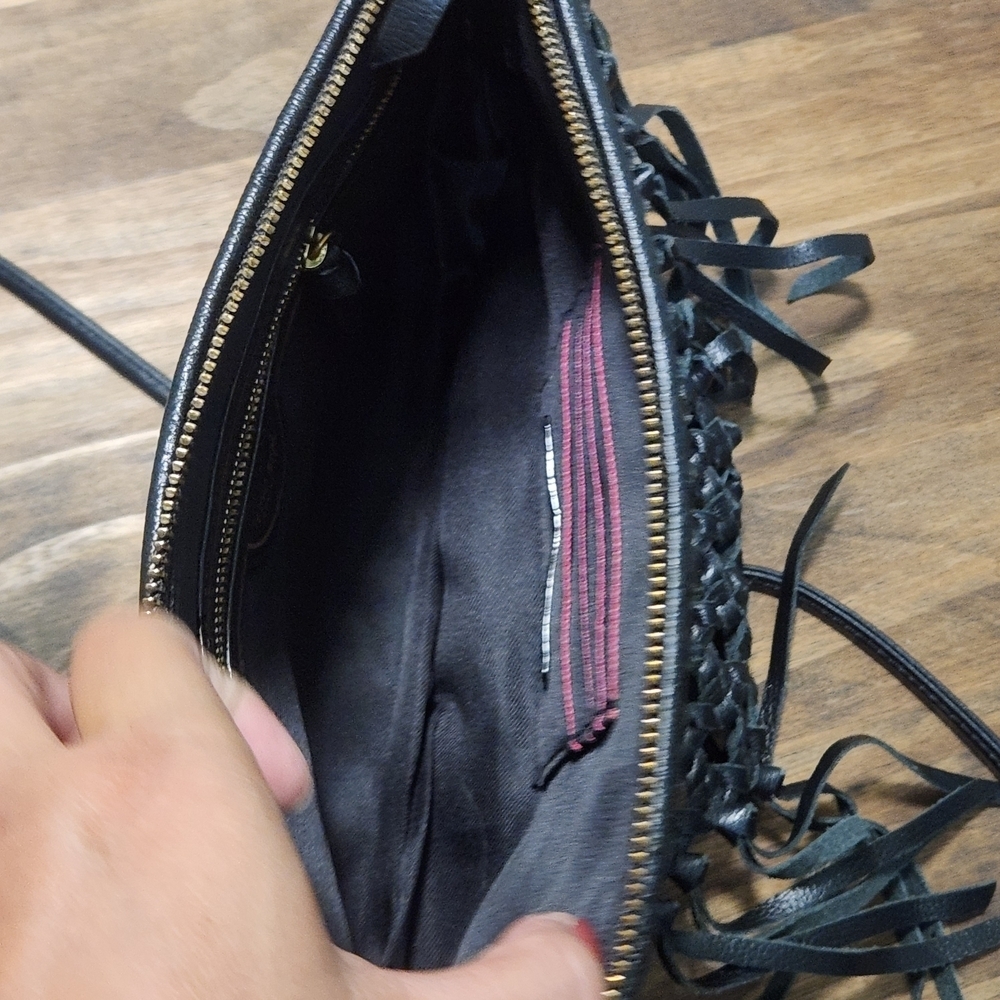 The Sak Filmore Leather 3 in 1 Black Clutch Shoulder Crossbody Woven With Fringe - Picture 6 of 13